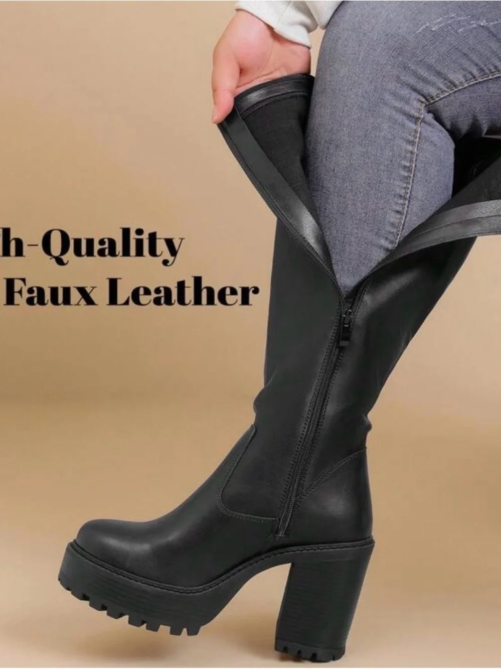Tall Black Platform Block Heel Over-the-Knee Boots